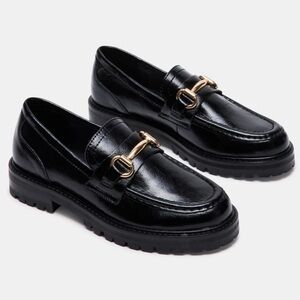 Steve Madden Mistor Leather Loafers Gold Horse bit Lug Sole Slio OnsBlack 10